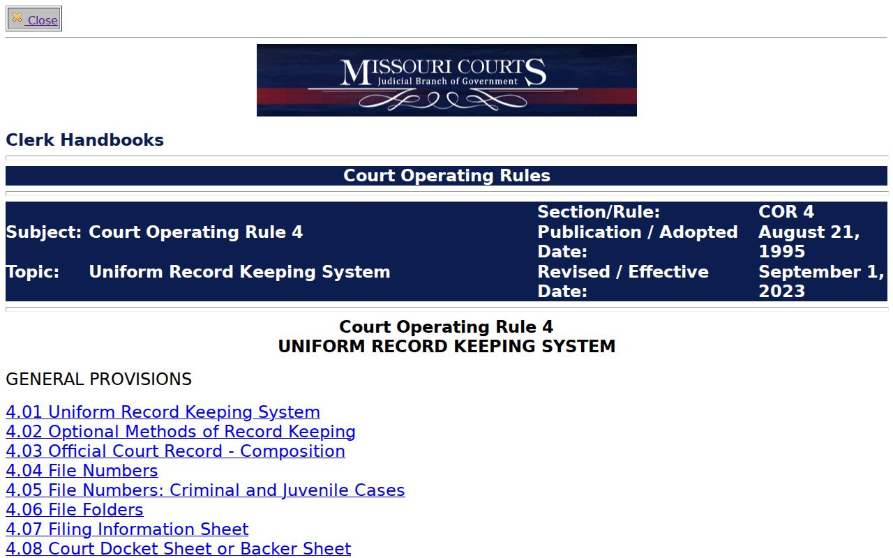 Howell County civil docket Missouri Court Operating Rule 4 record structure