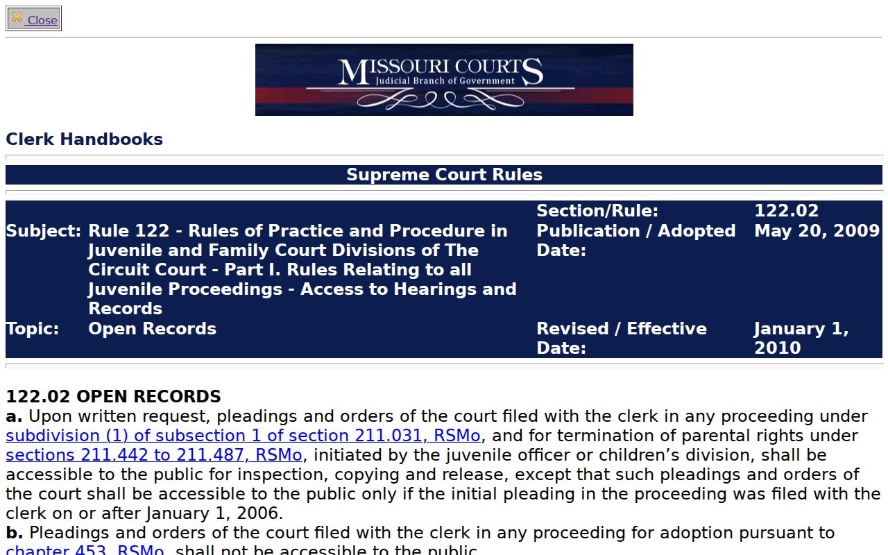 Howell County criminal docket Missouri juvenile access rule