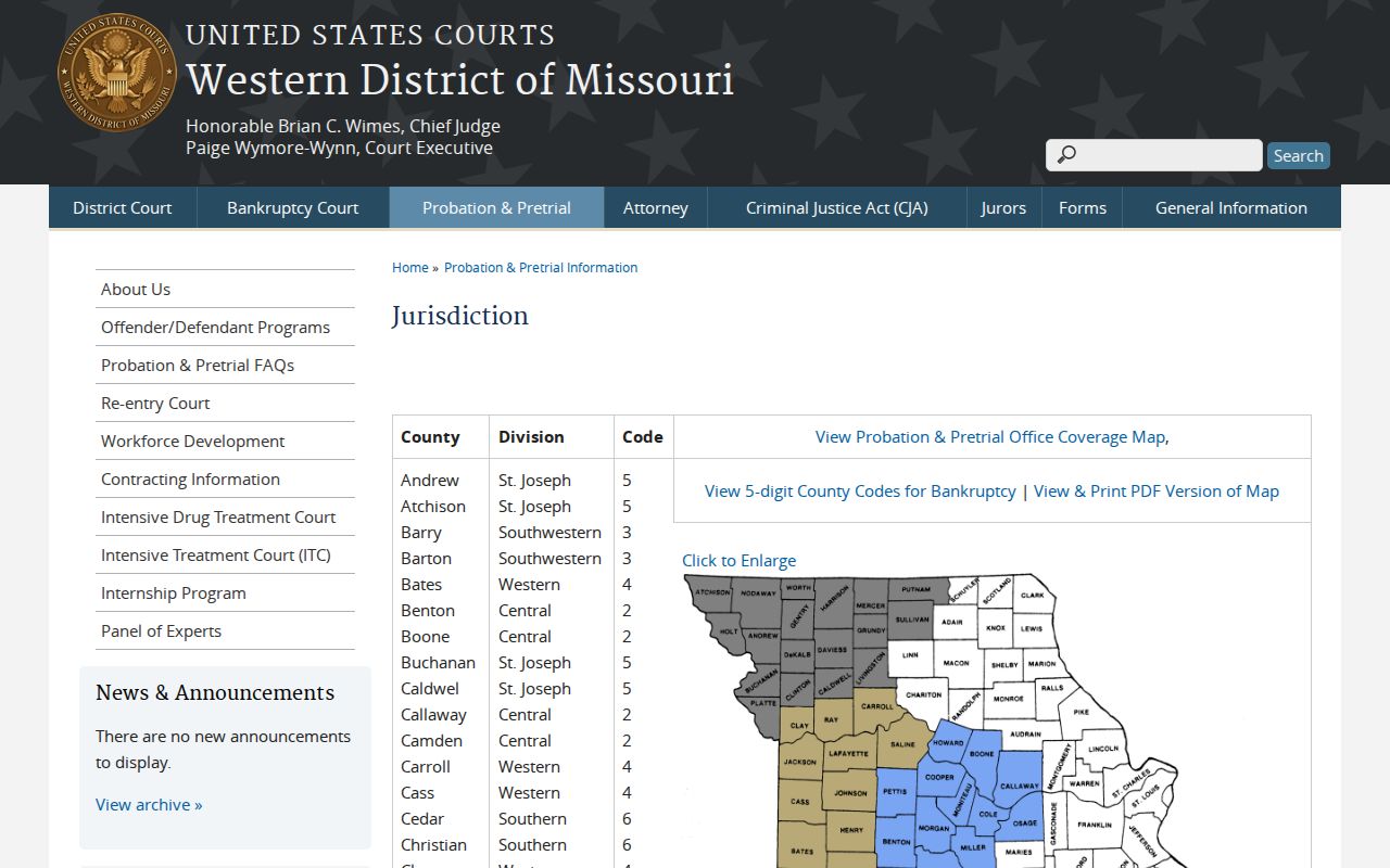 Howell County court docket federal jurisdiction information for the Western District of Missouri