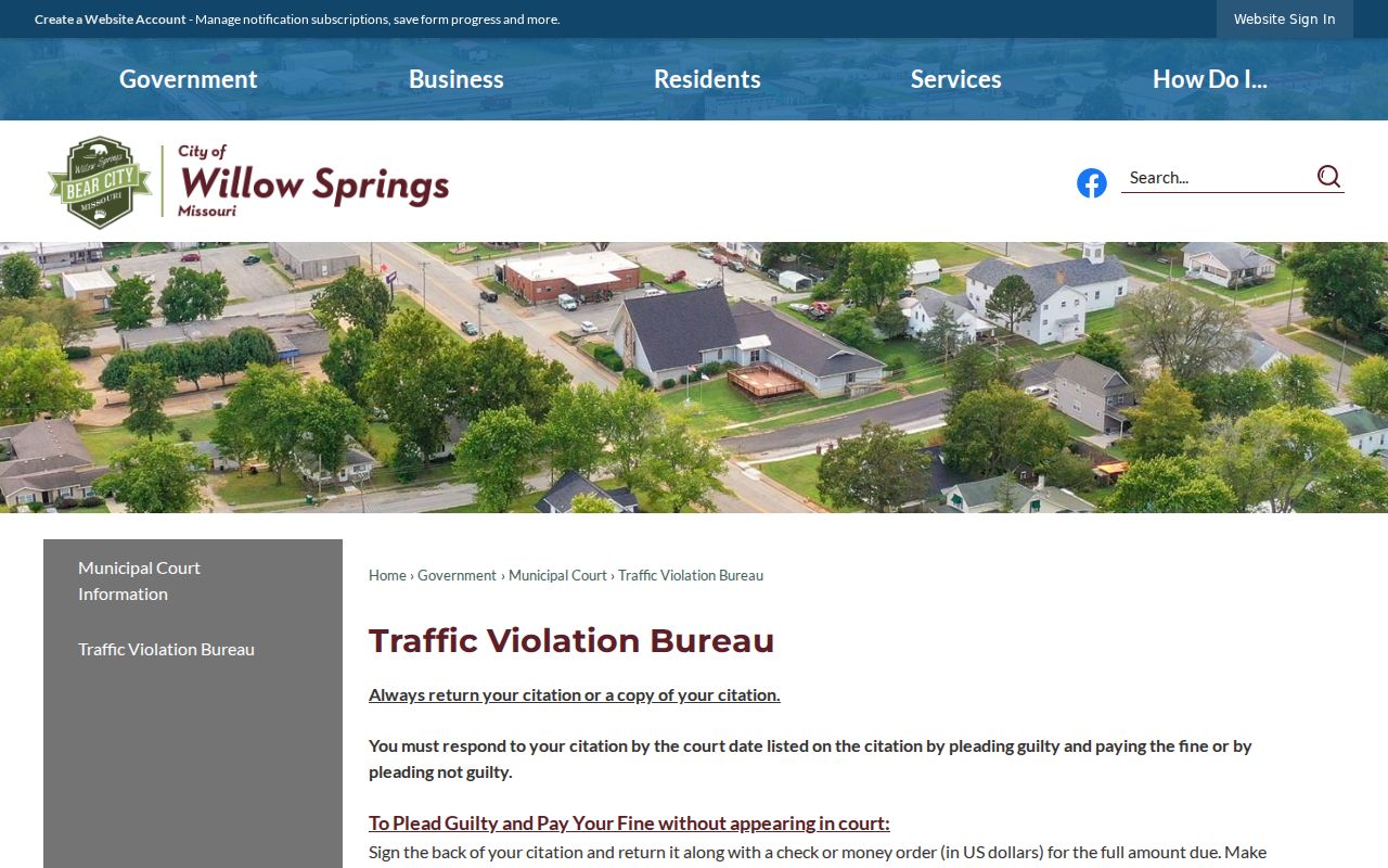 Willow Springs court docket Traffic Violation Bureau response steps and fine information